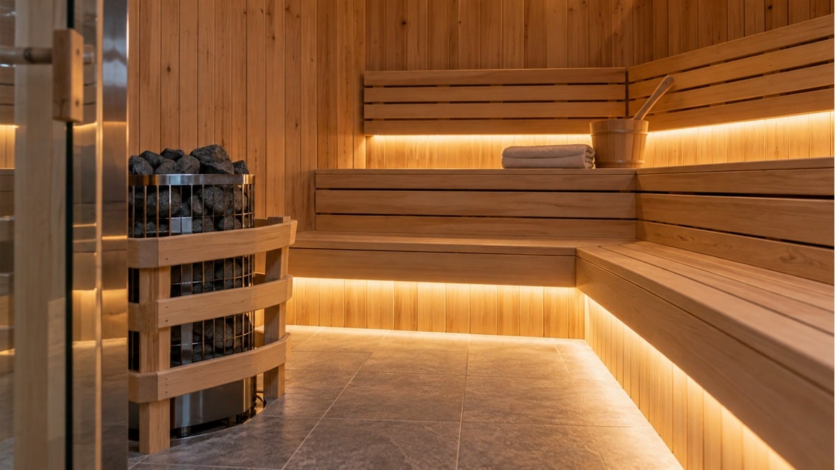 Warm concealed LED lighting beneath wooden sauna benches and behind the backrest.