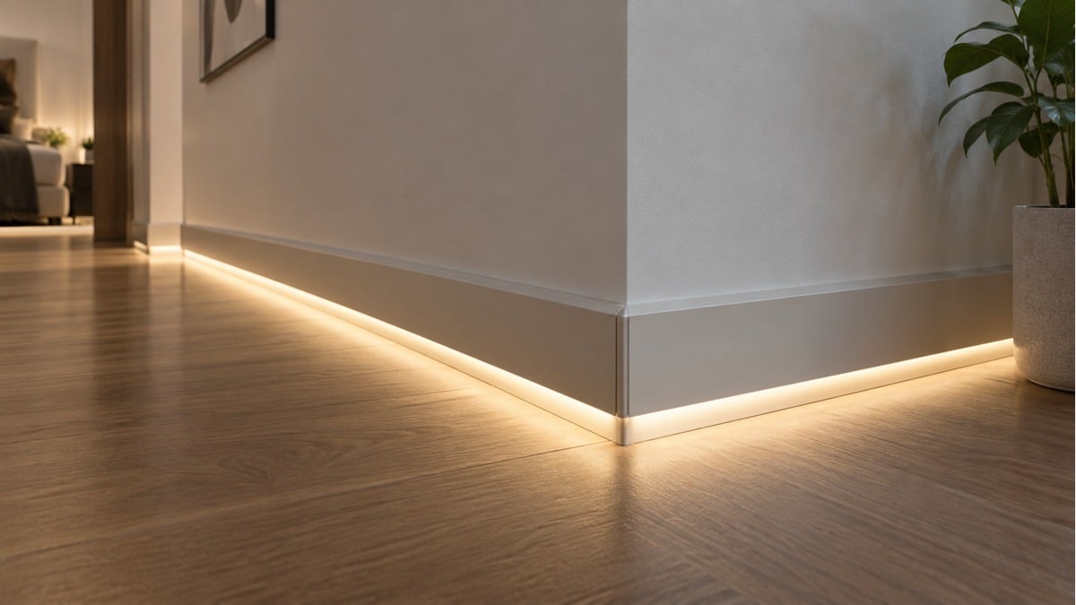 Continuous warm LED baseboard lighting following a hallway wall and outside corner.