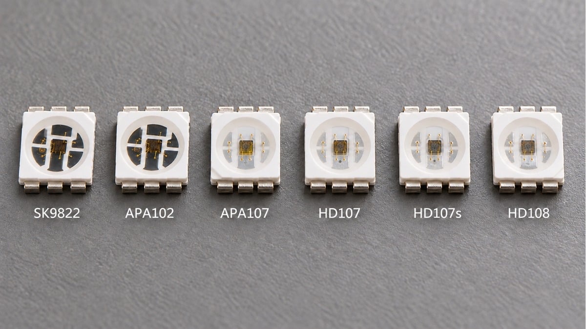 Six labeled addressable RGB LED packages with six terminals each, arranged for comparison.