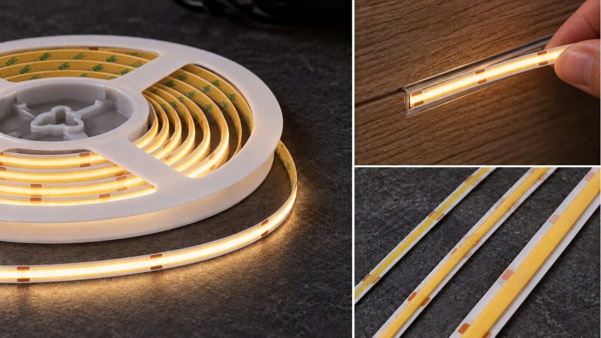 Slim COB LED tape on a reel with adhesive backing, a recessed installation and unpowered tape samples.