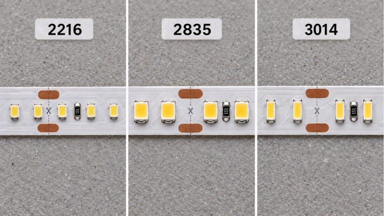 Side-by-side macro views of 2216, 2835 and 3014 SMD LED tape packages.