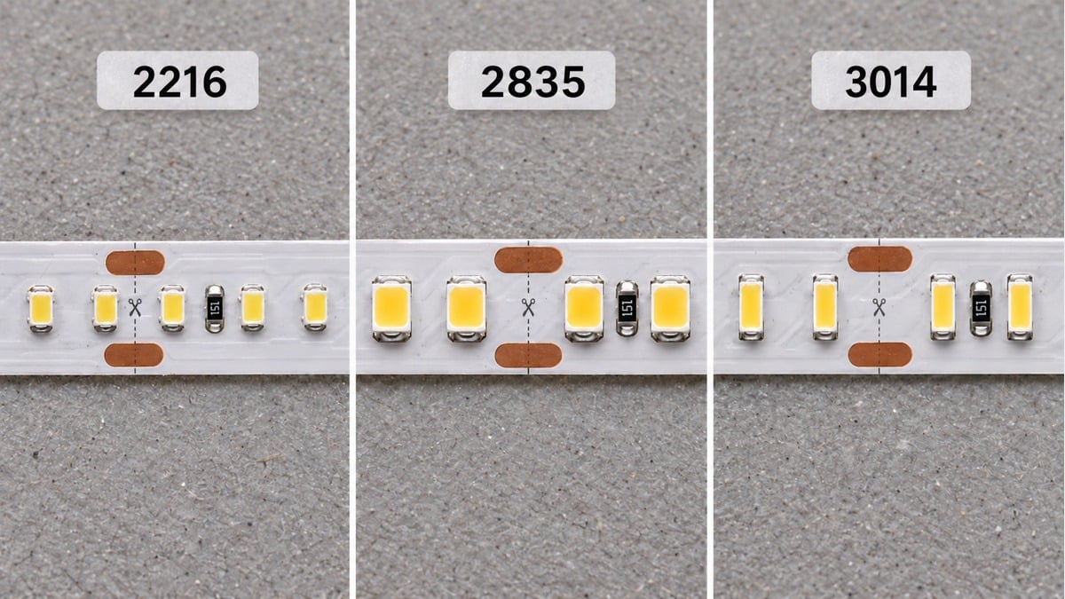 Side-by-side macro views of 2216, 2835 and 3014 SMD LED tape packages.
