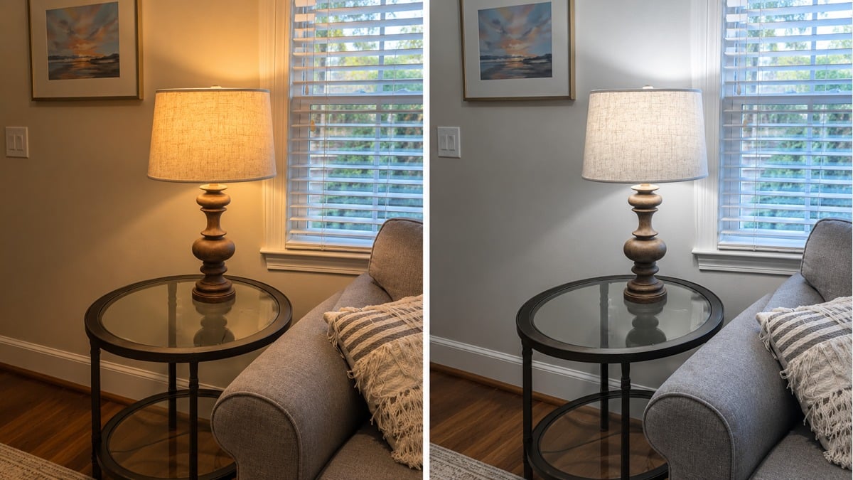 The same table lamp and living-room corner shown in soft-white and daylight-white lighting.