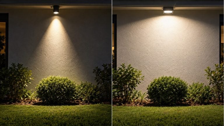 Side-by-side outdoor spotlight and floodlight beams illuminating a wall and garden plants.