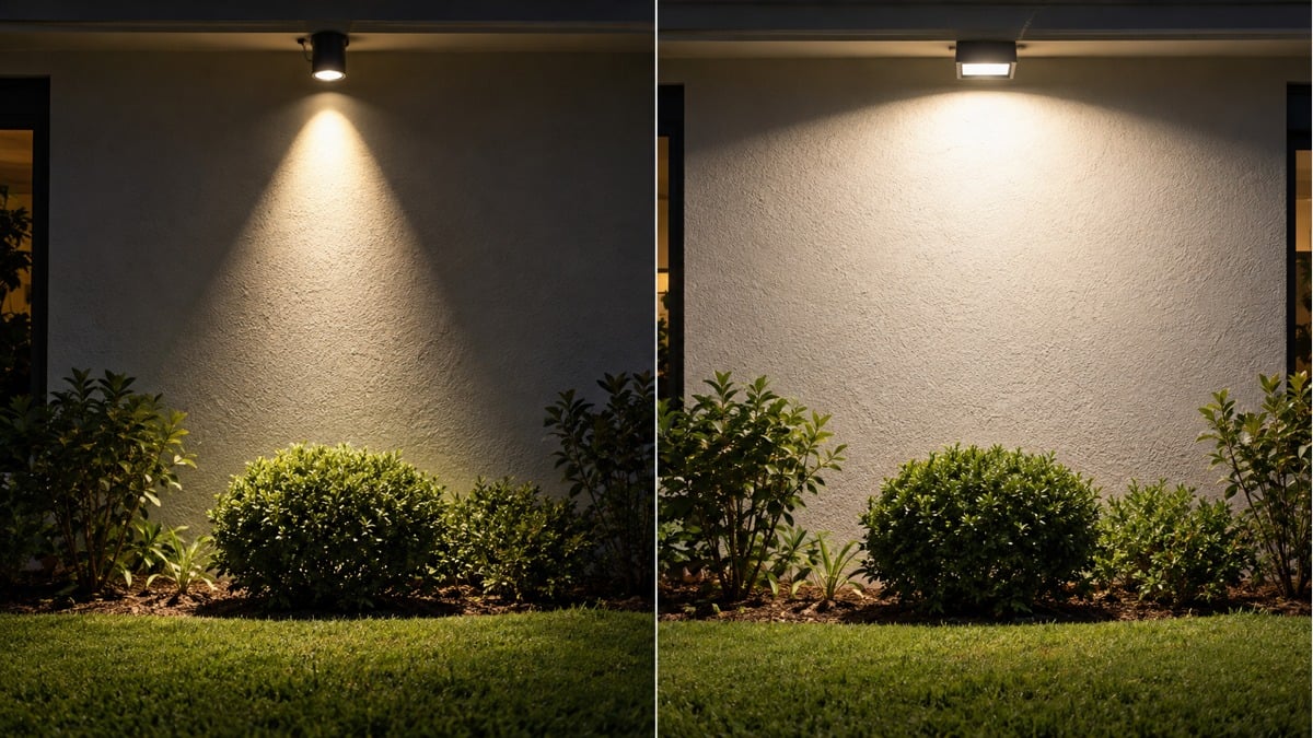 Side-by-side outdoor spotlight and floodlight beams illuminating a wall and garden plants.