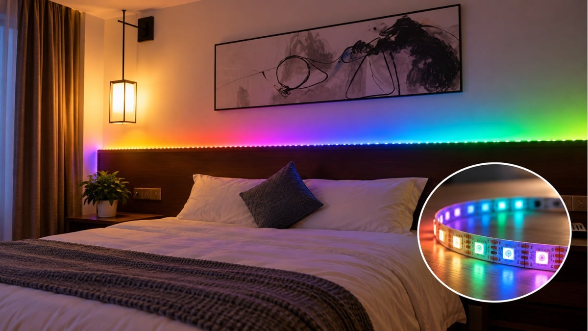 Addressable color-changing LED lighting behind a bed with a close-up tape detail.