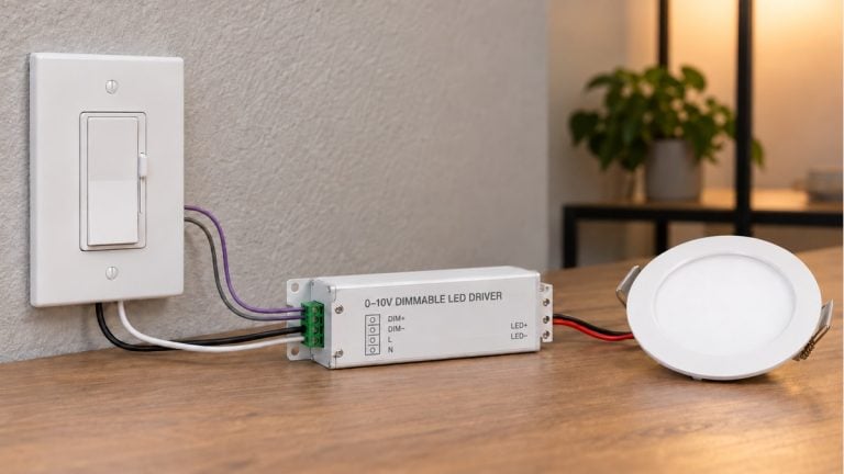 A wall dimmer connected to a labeled 0–10V dimmable LED driver and a recessed downlight.