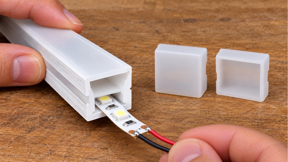 Hands feeding a single-white LED strip into the lower slot of a square silicone neon sleeve.