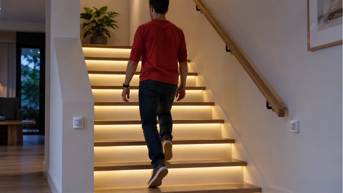 Person walking up a staircase illuminated by concealed linear LED tread lights.