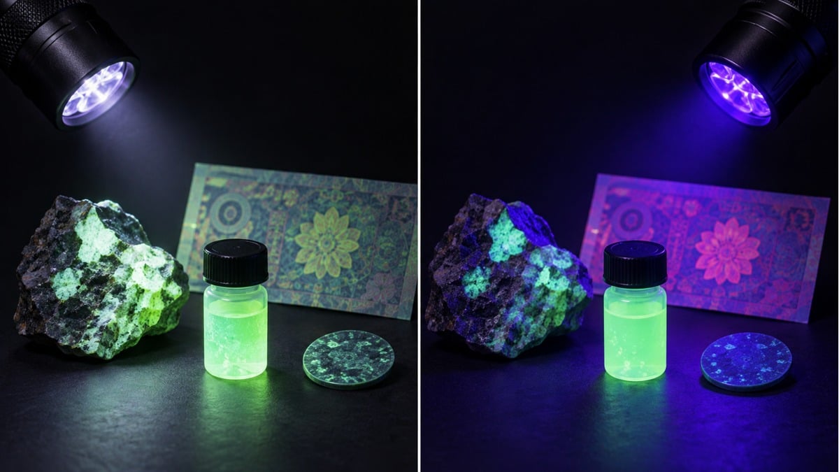 Two UV flashlight examples illuminating fluorescent samples for a 365nm and 395nm comparison.