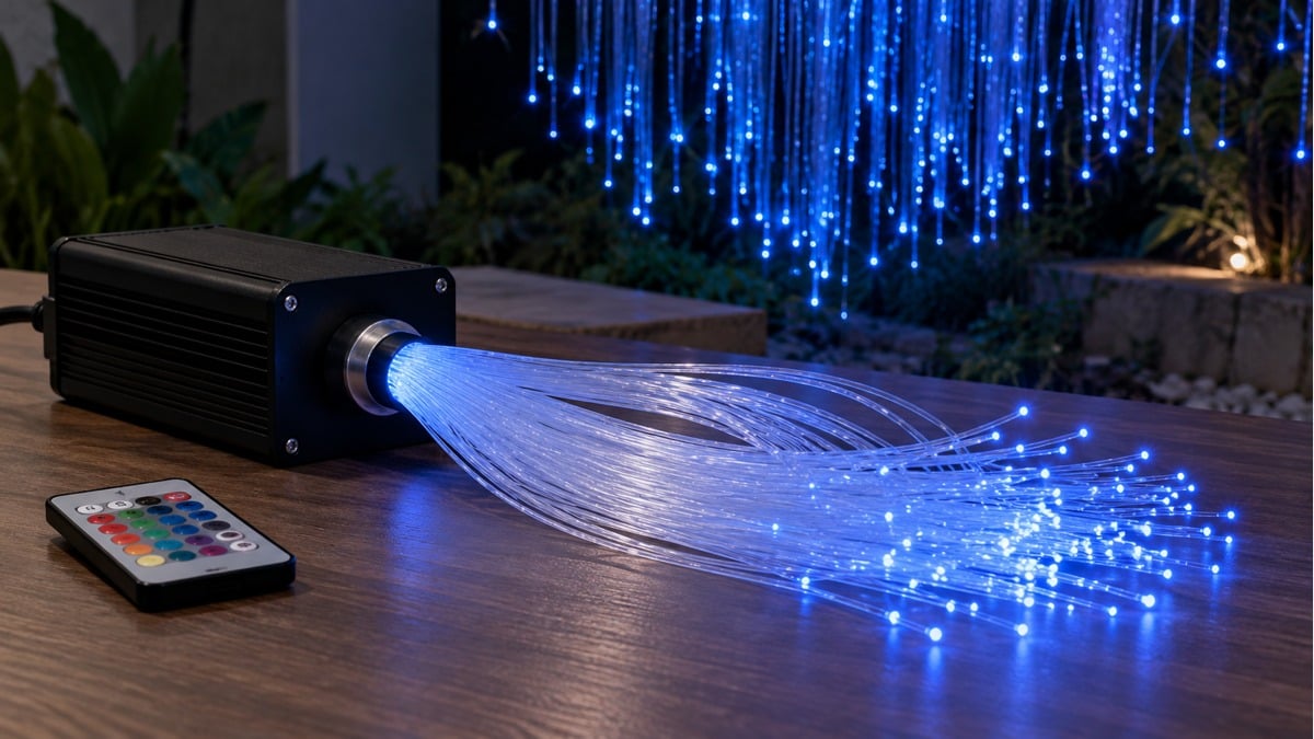 Fiber-optic strands connected to an illuminator with glowing blue endpoints.