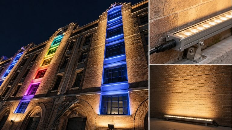 Architectural wall-washer lighting on a brick facade with close-up fixture views.