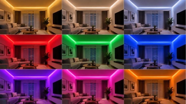 The same living room shown in nine separate white and colored LED lighting states.