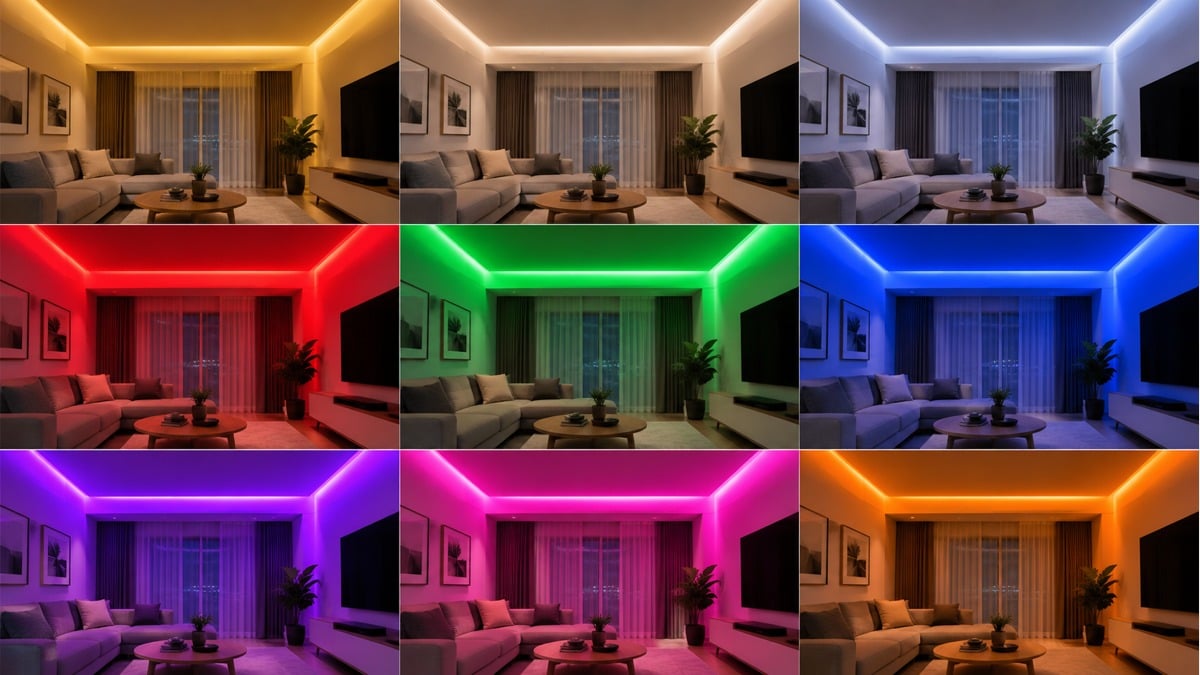 The same living room shown in nine separate white and colored LED lighting states.