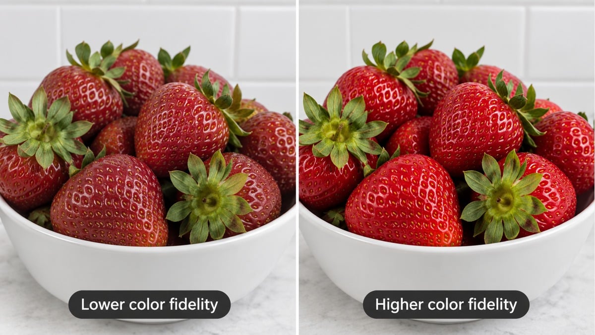 Matched views of strawberries and green leaves illustrating lower and higher color fidelity.