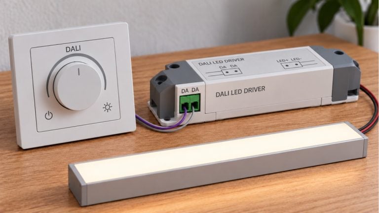 DALI rotary control and labeled driver beside a linear fixture with a flat illuminated top diffuser.