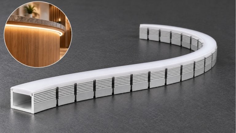 Flexible segmented aluminum LED channel with a fitted opal diffuser, with an inset showing warm-white lighting along a curved counter.