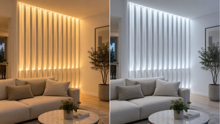 The same living room shown under warm-white and cool-white lighting in two separate views.