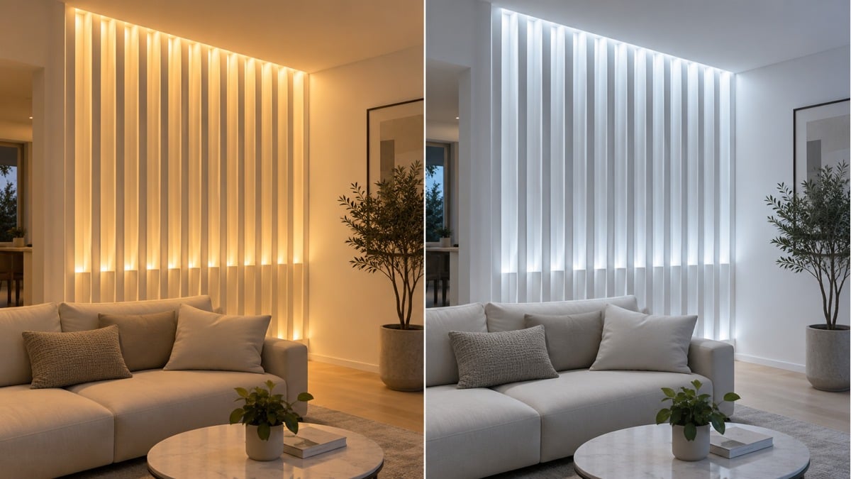 The same living room shown under warm-white and cool-white lighting in two separate views.