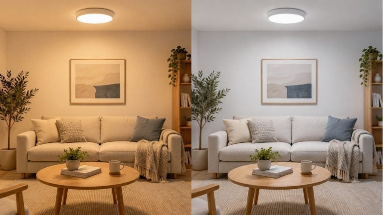 The same living room shown under warm and cooler tunable-white lighting in two separate views.