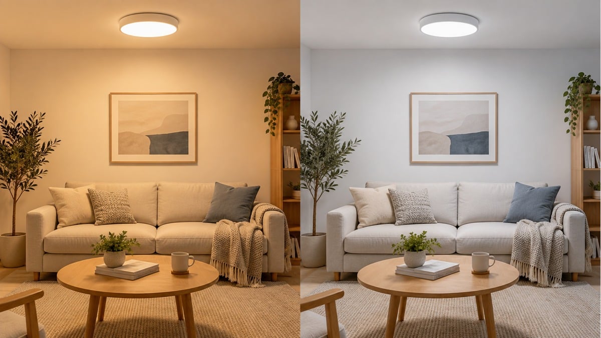 The same living room shown under warm and cooler tunable-white lighting in two separate views.