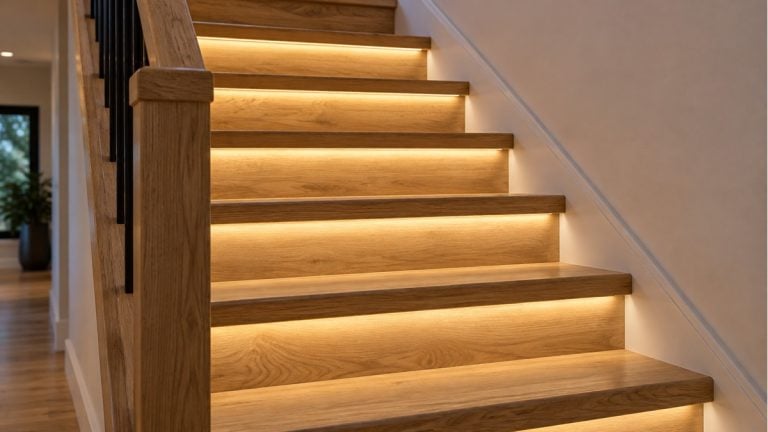 Warm LED lighting concealed beneath the front edges of wooden staircase treads.
