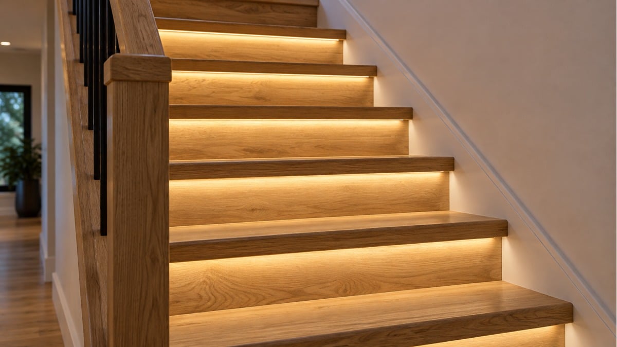 Warm LED lighting concealed beneath the front edges of wooden staircase treads.