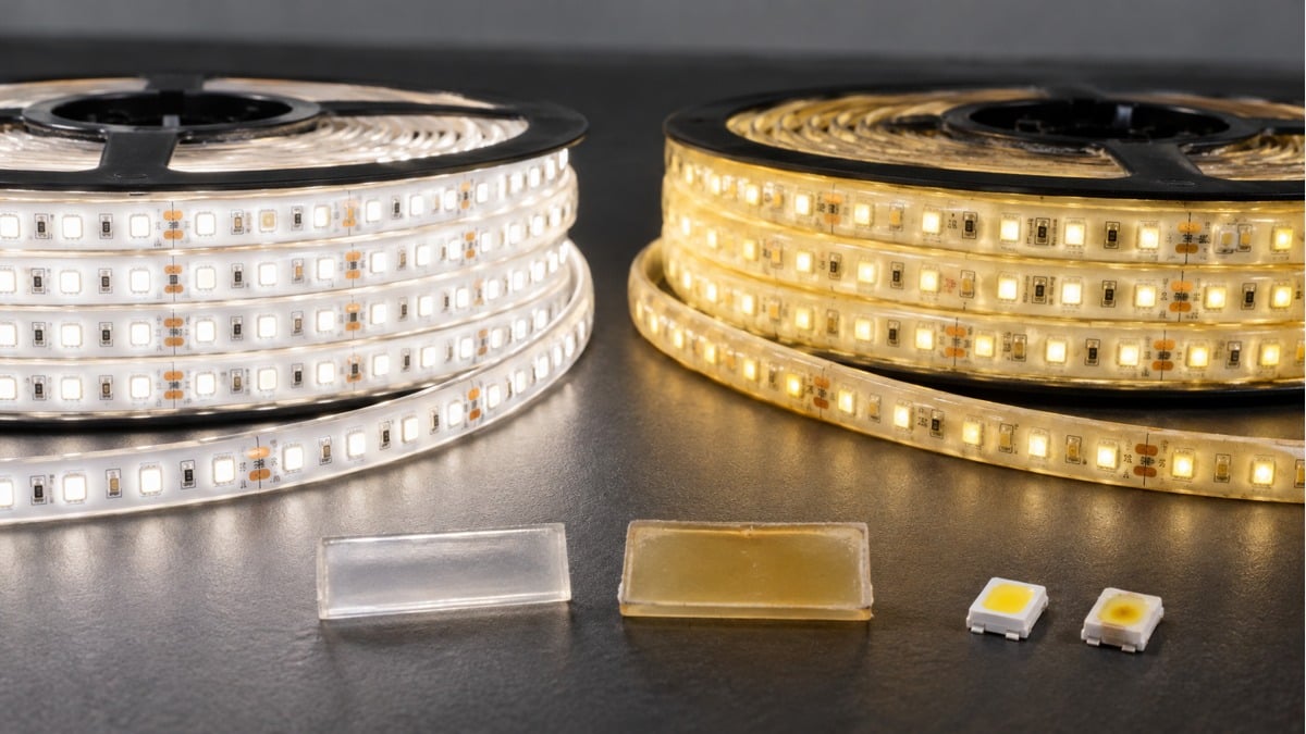 LED tape and coating samples illustrating clear and yellowed encapsulation.