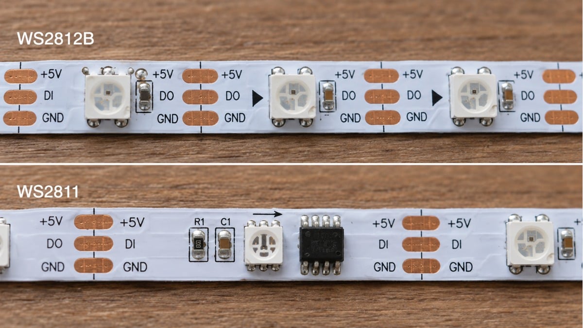 WS2812B and WS2811 LED tape compared in close-up views of their LED packages and control IC layouts.