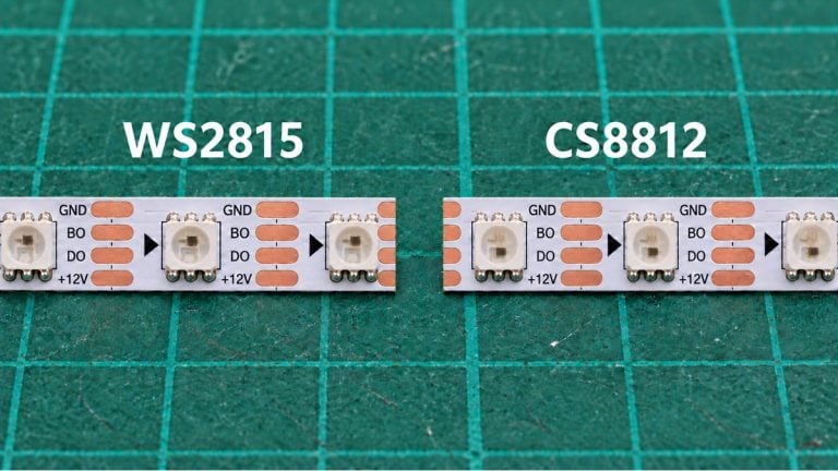 WS2815 and CS8812 LED tape samples compared with close-up copper pads and integrated LED packages.