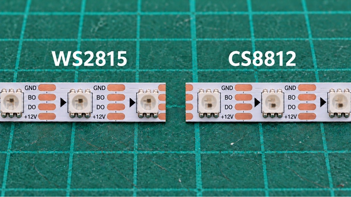 WS2815 and CS8812 LED tape samples compared with close-up copper pads and integrated LED packages.