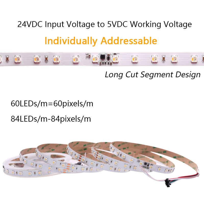 24V až 5V SK6812 Individuální adresovatelné 5050 RGB / RGBW LED pásky, 60/84 LED/m 24V až 5V SK6812 Individuální adresovatelné 5050 RGB / RGBW LED pásky, 60/84 LED/m