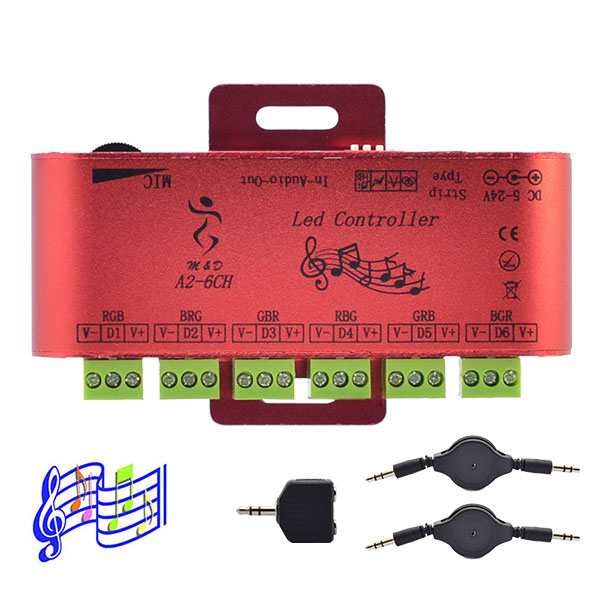 6 výstupních kanálů LED SPI hudební ovladač - vestavěný 600 pixelů - ovládání DC5-24V WS2811 WS2801 WS2812 LPD6803 APA102 Adresovatelná LED pásková světla
