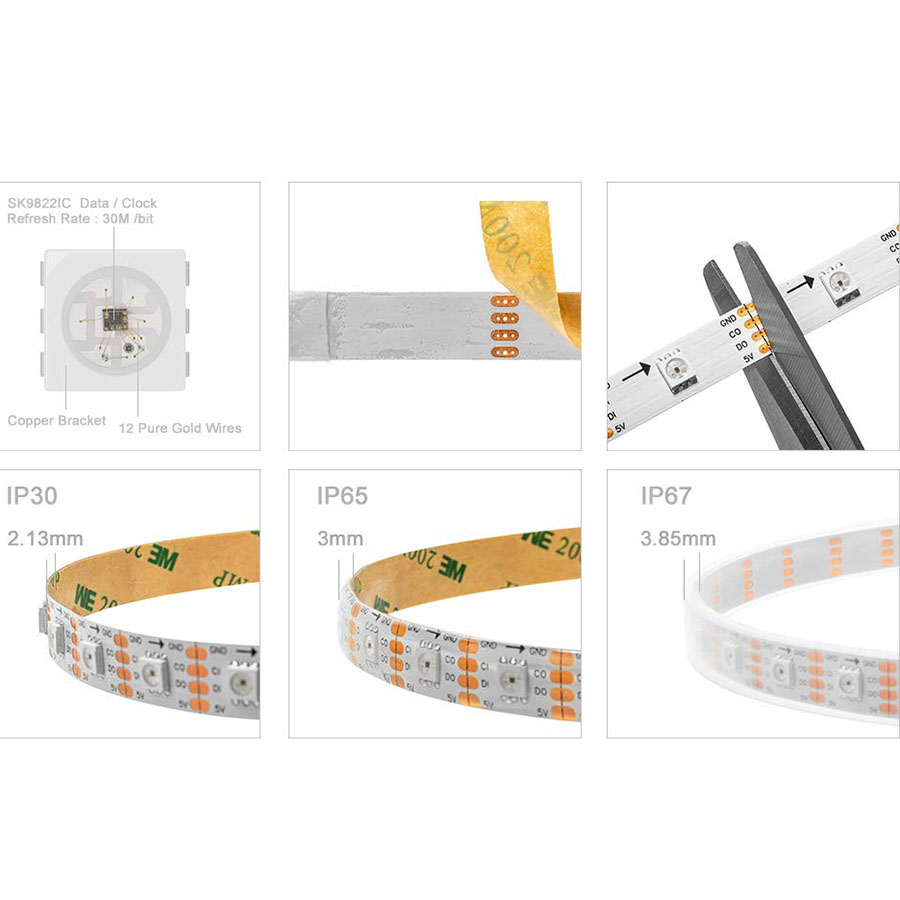 APA102 RGB DC5V 60 LED/m Vícebarevný LED pásek – Reklamní tabule – 5 m/16.4 stop na roli APA102 RGB DC5V 60 LED/m Vícebarevný LED pásek – Reklamní tabule – 5 m/16.4 stop na roli