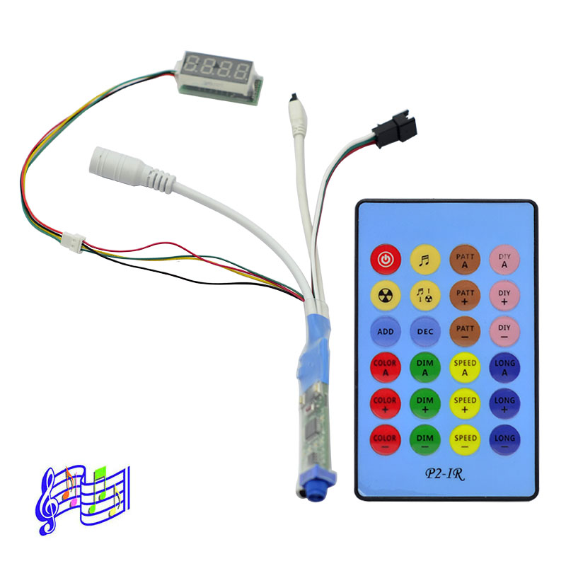 DC5-12V Mini Music Dream Color LED SPI Controller, integrierte 236 Musikmodi, einstellbare Moduslänge, dimmbar, mit 24-Tasten-IR-Fernbedienung