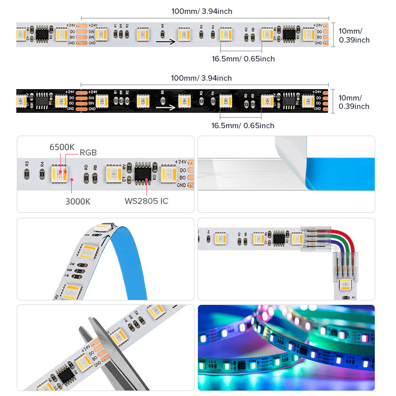 WS2805 Dual Signal 5-v-1 RGBWW adresovatelný RGB laditelný bílý LED pásek WS2805 Dual Signal 5-v-1 RGBWW adresovatelný RGB laditelný bílý LED pásek