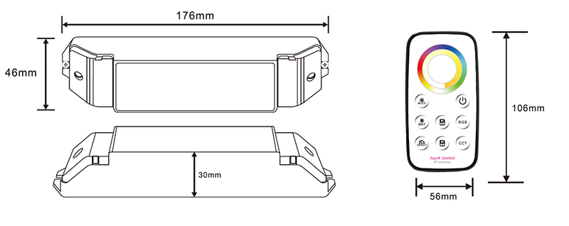 RGB+CCT LED ovladač BC-355RF velikosti