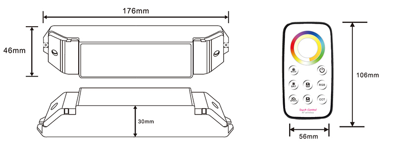 RGB+CCT LED controller BC-355RF size