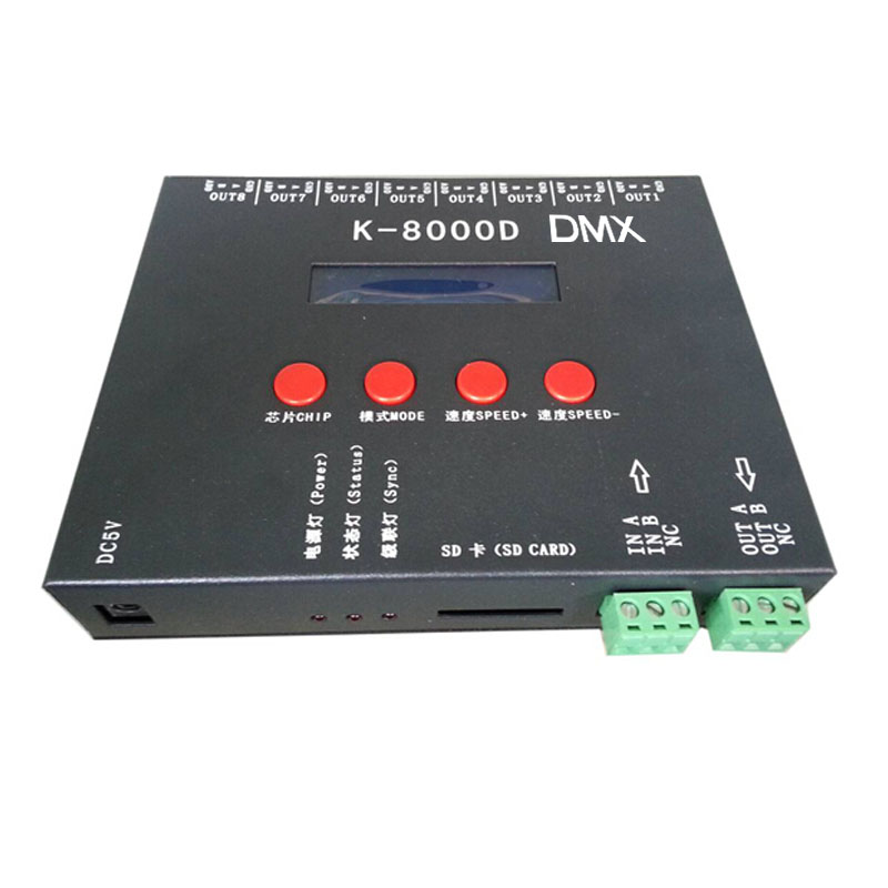 DC5~24V, 8 Kanäle, K-8000D mit SD-Karte und GRPS-Empfänger. Digitaler programmierbarer Pixel-Controller, unterstützt Standard-DMX512-Chip für adressierbare LED-Streifenlichter