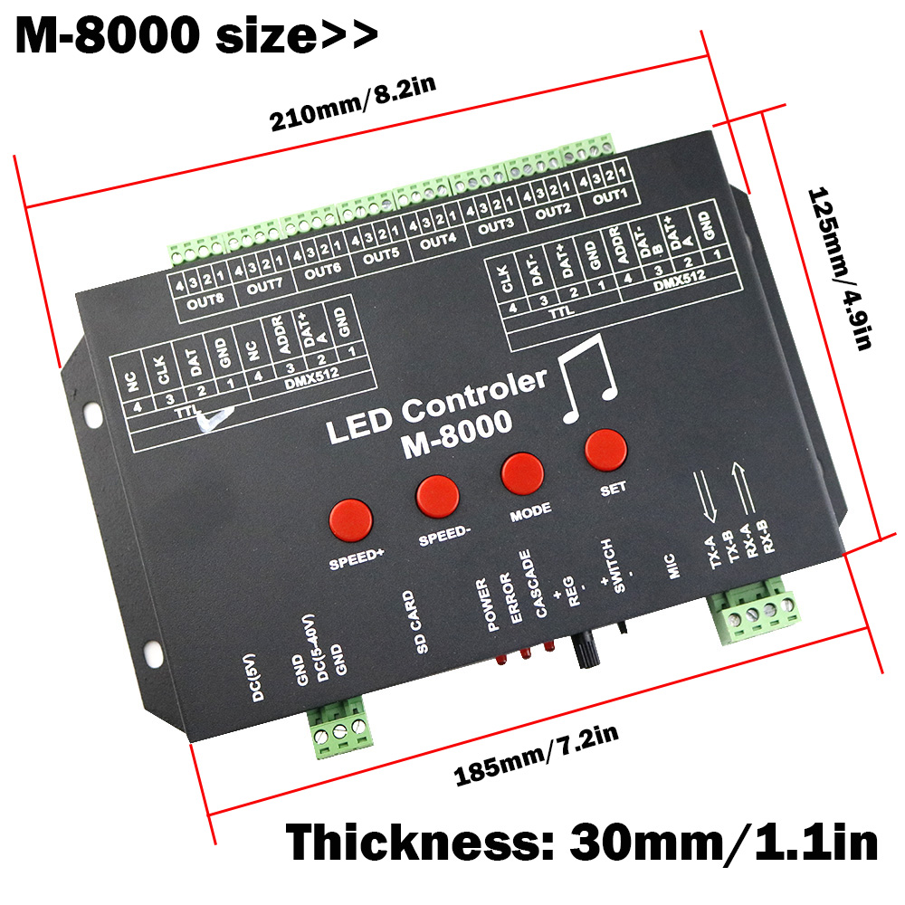 DC5-40V,max 8192 pixelů,Pixelový modul řady M-8000 Plnobarevná podpora ovladače hlasového ovládání hudby Kaskádovaná s kartou SD pro programovatelné/adresovatelné IC LED osvětlení DC5-40V,max 8192 pixelů,Pixelový modul řady M-8000 Plnobarevná podpora ovladače hlasového ovládání hudby Kaskádovaná s kartou SD pro programovatelné/adresovatelné IC LED osvětlení