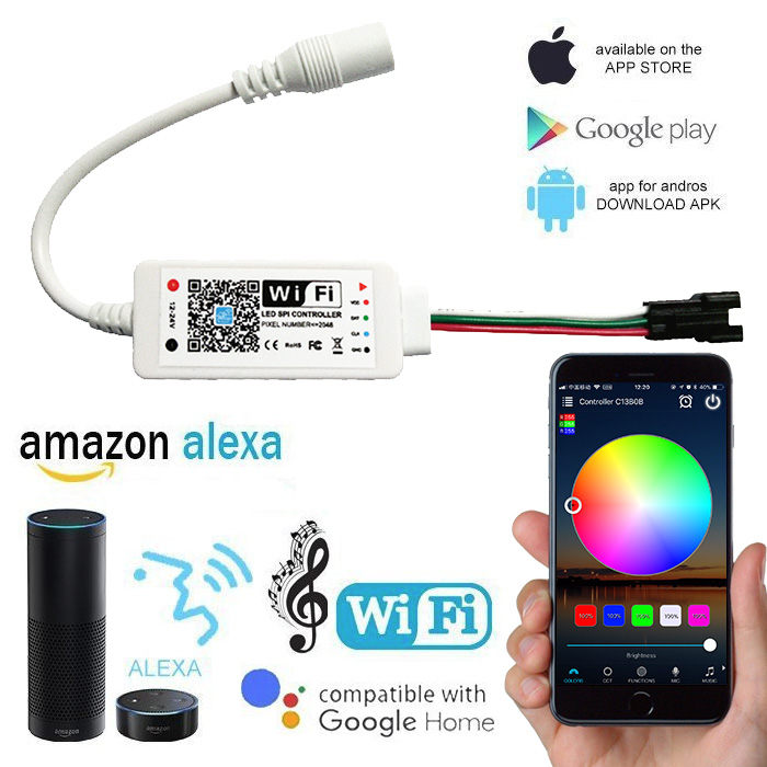 12/24VDC LED WiFi Music SPI Dream Color adresovatelný ovladač Spolupracuje s Amazon Alexa, Google Assistant 12/24VDC LED WiFi Music SPI Dream Color adresovatelný ovladač Spolupracuje s Amazon Alexa, Google Assistant