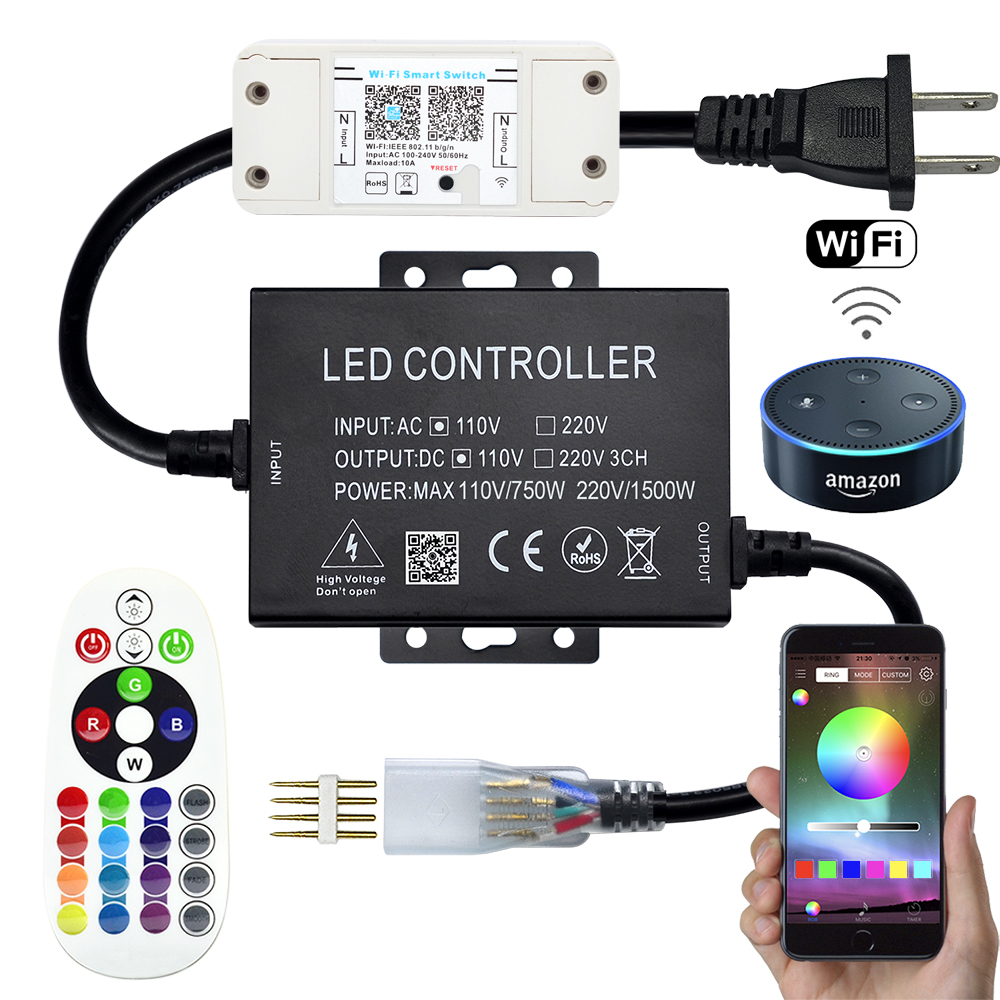 AC86-265V 1500W High Voltage Bluetooth Music RGB Controller With Amazon Alexa, Google Assistant, IFTTT, Google Nest WiFi AC Switch - Maximum Connect 164 feet AC110V RGB LED Tape Lights