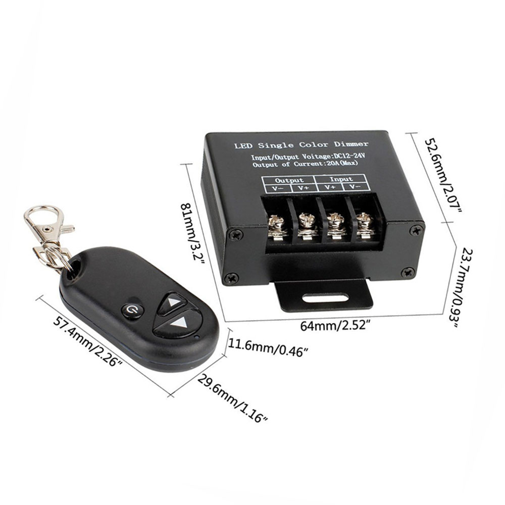 DC12–24 V, max. 20 A, digitaler PWM-Helligkeitsdimmer mit 3 Tasten, kabelloser RF-Fernbedienung, Potentiometer-Controller, für einfarbige 5050/3528/2835SMD-LED-Streifenlichter DC12–24 V, max. 20 A, digitaler PWM-Helligkeitsdimmer mit 3 Tasten, kabelloser RF-Fernbedienung, Potentiometer-Controller, für einfarbige 5050/3528/2835SMD-LED-Streifenlichter