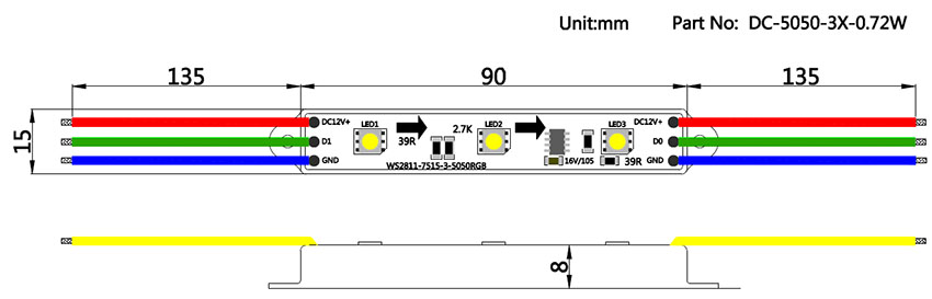 ws2811 7515 adresovatelný rgb led string light velikost