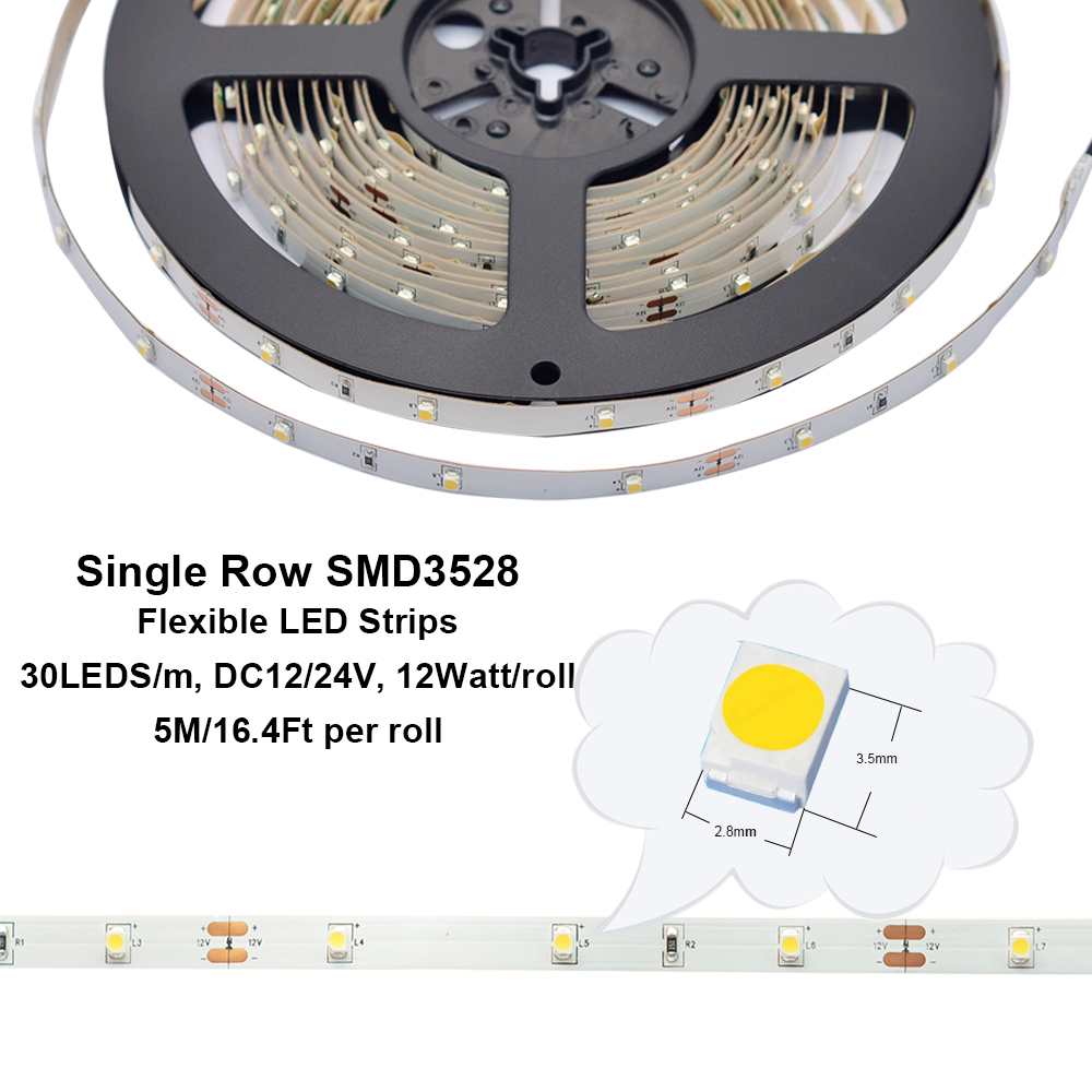 Single Row Series DC12/24V 3528SMD 150LEDs Flexible LED Strip Lights, Indoor Lighting  Waterproof Optional, 16.4ft Per Reel By Sale