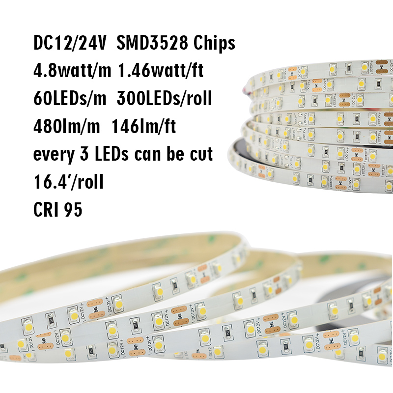 Single Row Series DC12/24V 3528SMD 300LEDs Flexible LED Strip Lights, Indoor Lighting, Non Waterproof, 16.4ft Per Reel By Sale