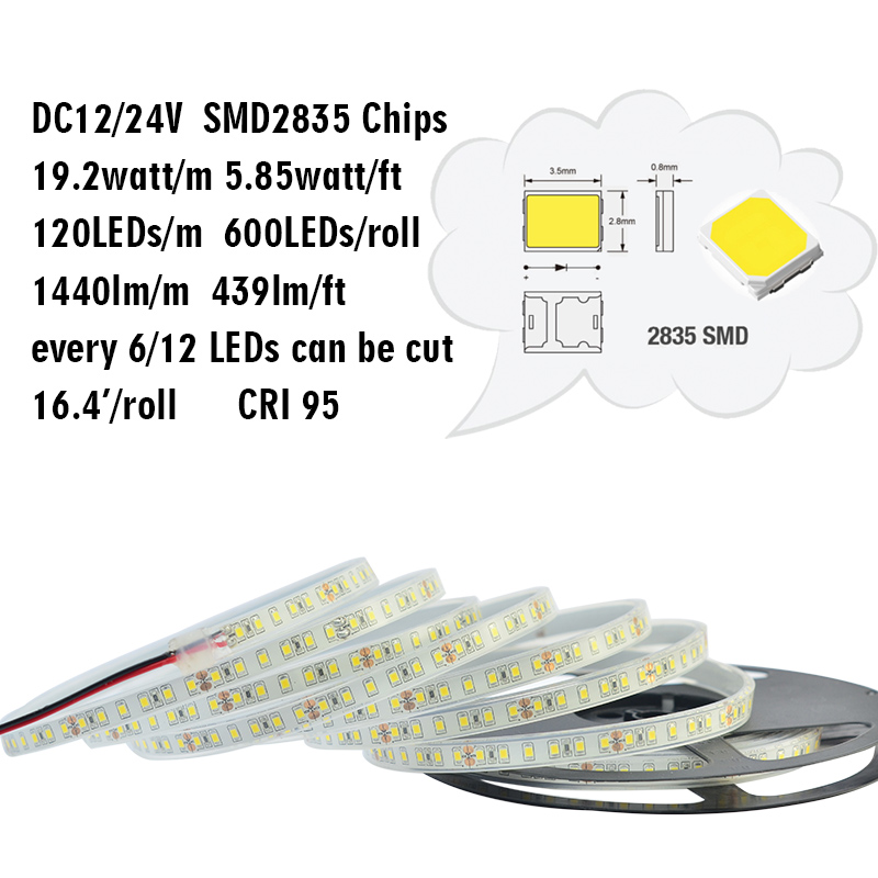 Single Row Series DC12/24V 2835SMD 600LEDs Flexible LED Strip Lights Outdoor Lighting Waterproof Optional 16.4ft Per Reel By Sale