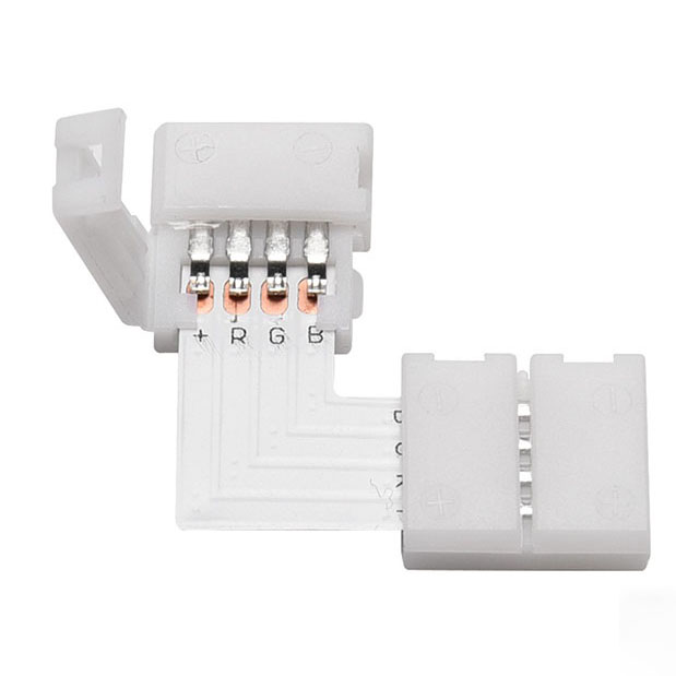 L-förmiges 4-poliges LED-Schnellsteckverbinder-Zubehör für RGB-Farbwechsel-LED-Streifen mit einer Breite von 10 mm L-förmiges 4-poliges LED-Schnellsteckverbinder-Zubehör für RGB-Farbwechsel-LED-Streifen mit einer Breite von 10 mm