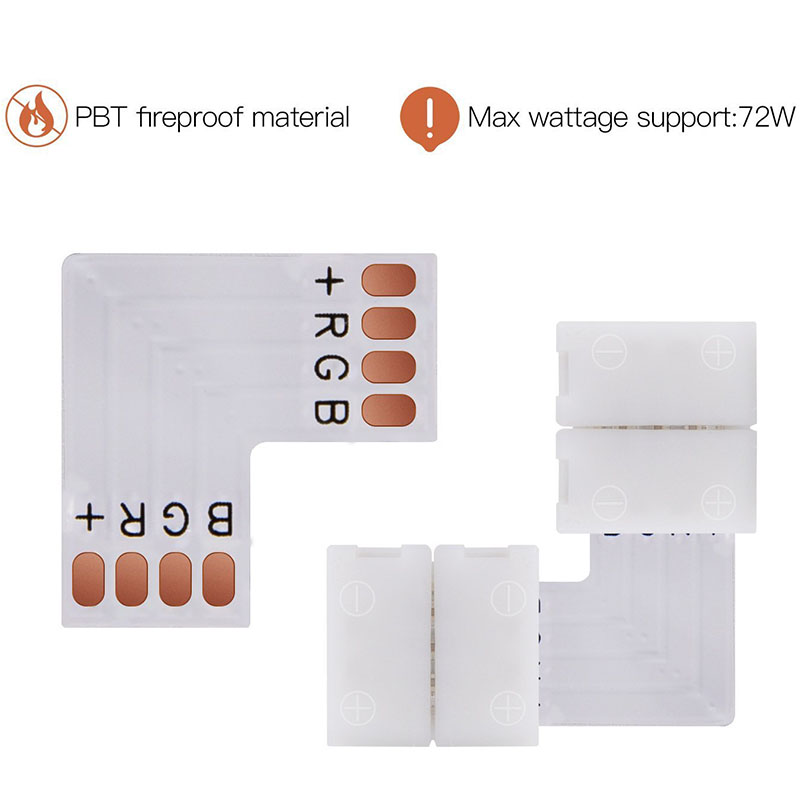 L-förmiges 4-poliges LED-Schnellsteckverbinder-Zubehör für RGB-Farbwechsel-LED-Streifen mit einer Breite von 10 mm L-förmiges 4-poliges LED-Schnellsteckverbinder-Zubehör für RGB-Farbwechsel-LED-Streifen mit einer Breite von 10 mm
