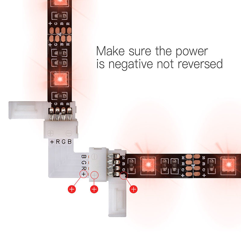 L-förmiges 4-poliges LED-Schnellsteckverbinder-Zubehör für RGB-Farbwechsel-LED-Streifen mit einer Breite von 10 mm L-förmiges 4-poliges LED-Schnellsteckverbinder-Zubehör für RGB-Farbwechsel-LED-Streifen mit einer Breite von 10 mm